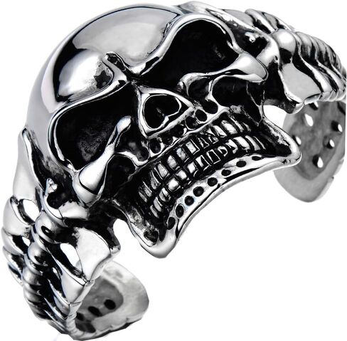 COOLSTEELANDBEYOND Heavy and Study Mens Stainless Steel Biker Skull Cuff Bangle Bracelet Silver Black Two-Tone Polished in Kuwait