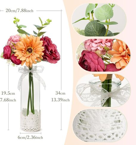 Uguisu Artificial Flowers Pink Bouquet 1 Set Lace Glass Vase, with Fake Flowers in The Vase, Used for Home Office Modern Bathroom Decoration Room Decoration Kitchen Table Centerpiece in Saudi Arabia