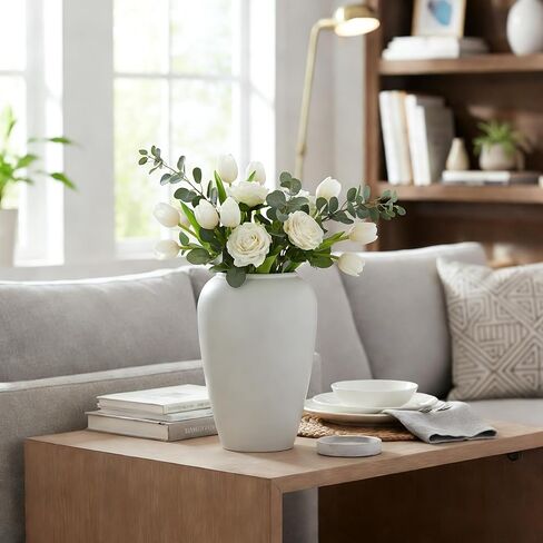 XiChenLai Short Round Grayish White Ceramic Vase Table Centerpiece Moon， Wide Mouth Terracotta Vases for Table Centerpiece, Centerpieces, Kitchen, Wedding, Gifts in Saudi Arabia