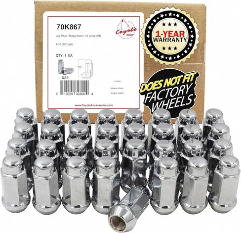 Wheel Accessories Parts 32 Pieces 9/16" Thread Bulge Acorn 1.90 Long Lug Nuts Chrome 3/4" Hex Fits 1994-10 Ram 2500 3500 1975-97 Ford F250 F350 C20 K20 C2500 C3500 in Saudi Arabia