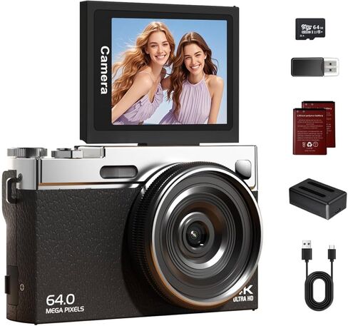 كاميرا رقمية 4K للتصوير الفوتوغرافي مع عدسة مزدوجة، كاميرا تسجيل فيديو بتركيز تلقائي 64 ميجابكسل لليوتيوب، شاشة قلاب 2.88 بوصة 180 درجة، كاميرا تكبير رقمية 16X وكاميرا تصوير مع 64 جيجابايت، كاميرا سفر مدمجة للمبتدئين in Kuwait