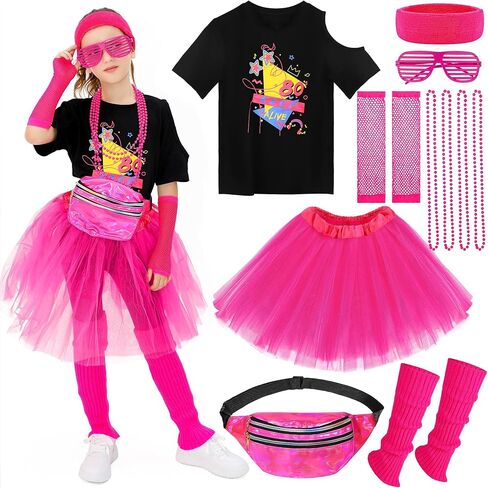 SOMSOC 13 Pieces Kids 80s Costume Accessories Set Girl's 80s Cosplay T-shirt Tutu Outfit Headband Necklace Gloves Leg Warmer in Kuwait