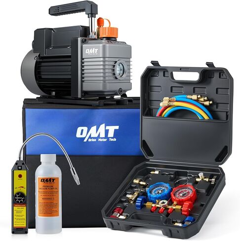 Orion Motor Tech AC Vacuum Pump and Gauge Set, with 4CFM Vacuum Pump, Leak Detector, 3 Hoses Quick Couplers, Puncture and Self-Sealing Can Taps, AC Vacuum Pump Kit for R134a R12 R22 R502 Refrigerant in Kuwait