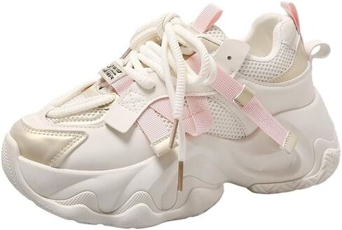Womens Chunky Heels Sneakers Leather Platform Casual Breathable Lace Up Walking Dad Shoes Comfortable Fashion Sneakers in Saudi Arabia