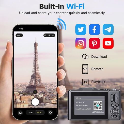 4K Vlogging Camera 48MP Digital Camera for YouTube, WiFi Autofocus and Anti-Shake, 2.8with 18X Zoom, Includes 32GB SD Card,1 Batteries,Travel Camera (Blackwhite) in Saudi Arabia