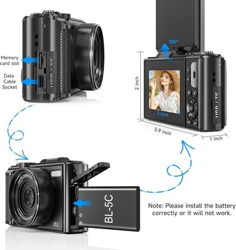 4K Vlogging Camera 48MP Digital Camera for YouTube, WiFi Autofocus and Anti-Shake, 2.8with 18X Zoom, Includes 32GB SD Card,1 Batteries,Travel Camera (Blackwhite) in Saudi Arabia