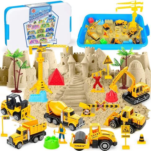 Bin Sensory Sensory Bin ، الأطفال يلعبون رمل رمل رمل رمل مع رمل سحري 2.2 رطل ، قوالب ، مجرفة ، ألعاب شاحنات البناء 6pcs ديكاست ، رافعة ، صندوق رمل حسي مع غطاء للأولاد الصغار في سن 3-8 in Kuwait