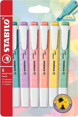 Stabilo Highlighter Swing Cool Pastel - حزمة من 6 - ألوان متنوعة ، محمولة ، إغلاق مقطع ، مستلزمات مدرسية + Office + ، نصيحة إزميل in Saudi Arabia