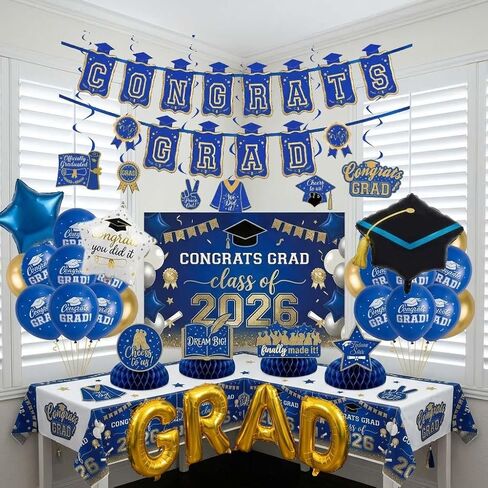 120pcs تخرج البالون جارلاند جارلاند أكياس مع خطاب شهادة التخرج نجم البالونات MyLar Foil لفئة 2025 Grad Prom Decorations Supplies (Blue Gold White) in Saudi Arabia
