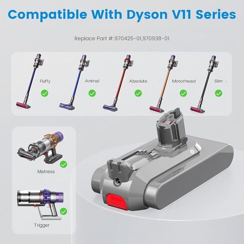 بطارية بديلة مطورة بقدرة 6000 مللي أمبير في الساعة V11 V15 لـ Dyson 25.2V متوافقة مع التثبيت بالضغط الإضافي/المطلق/الحيوان/عزم الدوران/المحرك/الحجم الكبير V-11 V-15 SV-15 SV22 970425-01 in Kuwait