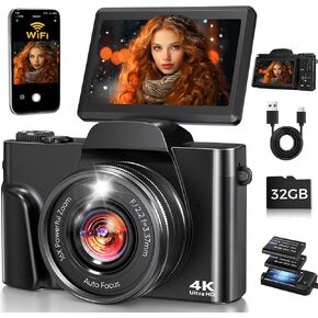 4K Digital Camera for Photography with WiFi,64MP Autofocus 3'' 180° Flip Screen 16X Zoom Vlogging Camera for YouTube, Compact Travel Camera for Beginners, Anti-Shake, 32GB Card, 2 Batteries, Black in Saudi Arabia
