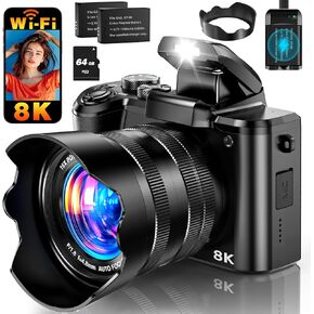 كاميرا رقمية 8K، كاميرات واي فاي 88 ميجابكسل للتصوير الفوتوغرافي مع شاشة لمس 3.2 بوصة، كاميرا مزدوجة احترافية بتركيز تلقائي 16X، مضادة للاهتزاز، بطاريتان وحامل شحن، بطاقة 64 جيجابايت، فلاش، غطاء عدسة in Kuwait