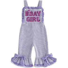 Toddler Baby Girl Birthday Outfit Bell Bottoms Jumpsuit Overalls | Waffle Knit, BDAY GIRL Embroidered, Striped, Bows, Sweet, Sleeveless Romper, Flared Pants, Summer, Spring, Fall, Winter in Kuwait