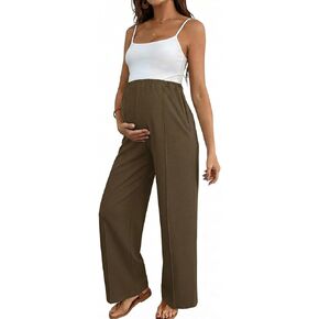 BLENCOT Women's Maternity Pants Work Adjustable Waisted Wide Leg Waffle Knit Trousers Pregnancy Clothes with Pockets in Kuwait
