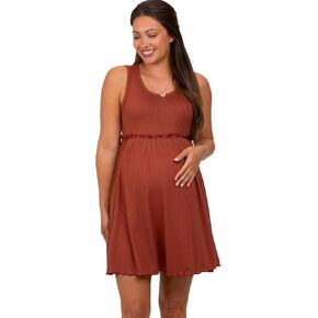 PinkBlush Olive Ribbed Sleeveless Lettuce Trim Maternity Mini Dress in Kuwait