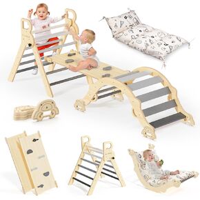 BlueWood Pikler Triangle Set with Cushion, 8-in-1 Climbing Toys for Toddlers, Montessori Philosophy Play Jungle Gym with Arch, Ramp, Ladder(Sunshine Rainbow) in Kuwait