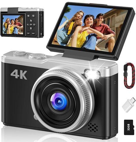 كاميرا رقمية بدقة 4K للتصوير الفوتوغرافي، كاميرات رقمية بدقة 64 ميجابكسل مع تكبير رقمي 16X، شاشة قلاب 2.4 بوصة 180 درجة، كاميرا سفر مدمجة بتركيز تلقائي، كاميرا تسجيل فيديو على YouTube (وردي) in Kuwait