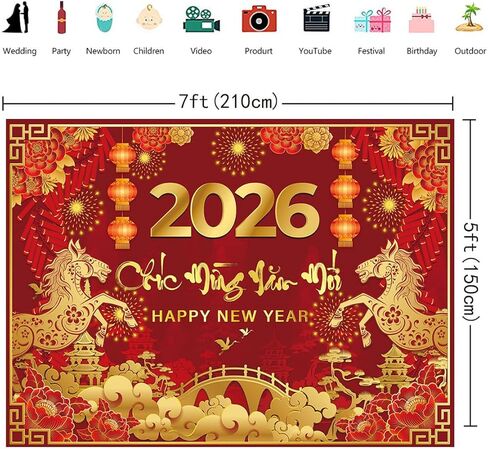 Vietnamese New Year 2026 Backdrop 8x6FT Red Vietnamese Lunar New Year of The Horse Photography Background New Years Party Decorations Supplies Photo Props in Saudi Arabia