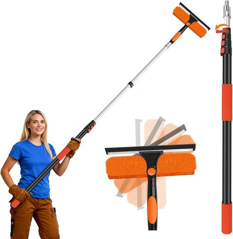 26FT Telescoping Window Squeegee Kit | 2-in-1 Professional Window Washer & Microfiber Scrubber with Extension Pole | High Reach Cleaning Tool for Outdoor, Indoor Windows & Glass in Saudi Arabia