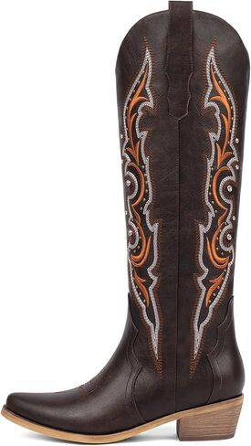 Knee High Cowboy Boots for Women Rhinestone Cowgirl Boots, Trendy Embroidered Western Boots with Almond Toe Side Zipper and Chunky Heel in Saudi Arabia