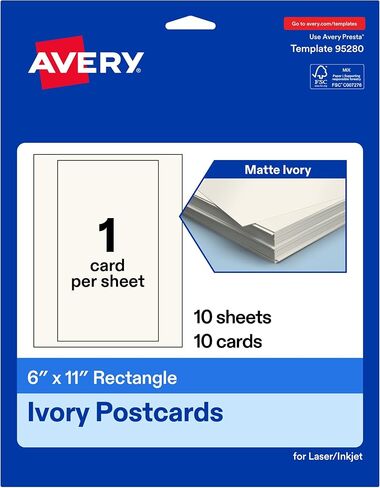 بطاقات بريدية قابلة للطباعة AVERY ، 6 "× 11" ، بطاقات العاج العاجية ، بطاقات الليزر/الحبر ، 25 إجمالي in Saudi Arabia