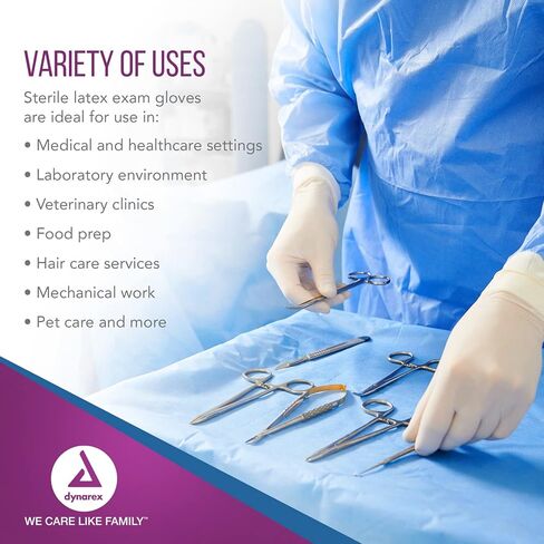 Dynarex Sterile Disposable Latex Exam Gloves, Powder-Free, Sterilely Packaged in Pairs, Professional Medical and Healthcare Use, Veterinary Clinic, Bisque, Medium, 1 Case - 8 Boxes of 50 Pairs in Saudi Arabia