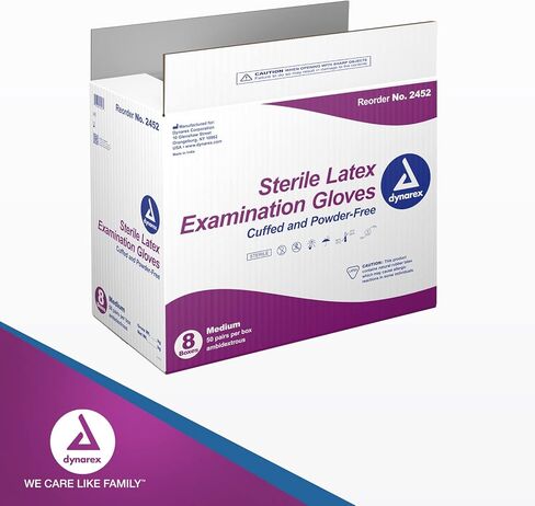 Dynarex Sterile Disposable Latex Exam Gloves, Powder-Free, Sterilely Packaged in Pairs, Professional Medical and Healthcare Use, Veterinary Clinic, Bisque, Medium, 1 Case - 8 Boxes of 50 Pairs in Saudi Arabia