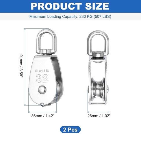 PATIKIL M32 Single Pulley Block, (507 lbs Load)(1 Set), 304 Stainless Steel Heavy Duty Wheel Swivel Rigging Lifting Fixed Pulley for Wire Rope Gym Equipment Clothesline in Saudi Arabia