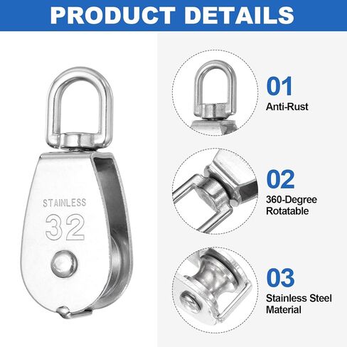 PATIKIL M32 Single Pulley Block, (507 lbs Load)(1 Set), 304 Stainless Steel Heavy Duty Wheel Swivel Rigging Lifting Fixed Pulley for Wire Rope Gym Equipment Clothesline in Saudi Arabia