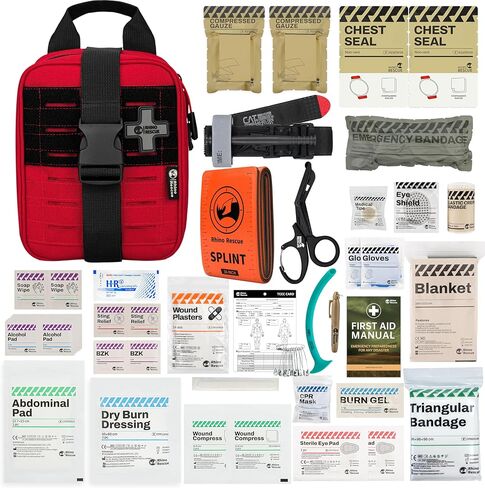 مجموعة الصدمات RHINO RESCUE IFAK مع عاصبة C-A-T، حقيبة إسعافات أولية تكتيكية للجيش والقتال والسيارة والتخييم والمشي لمسافات طويلة والسفر (أحمر) in Kuwait