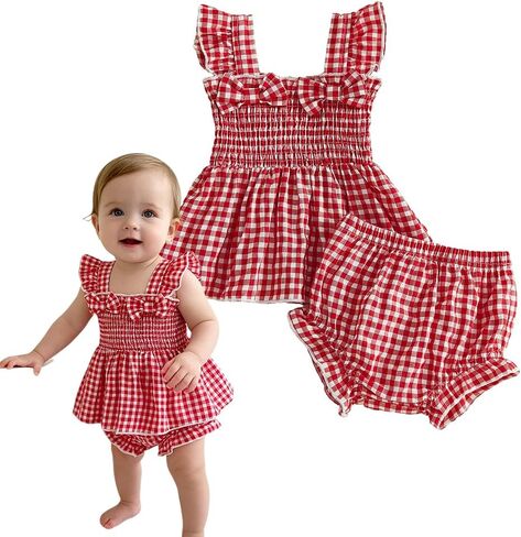 Baby Girl Summer Clothes Infant Outfits Dress Top + Bloomers Shorts | Baby Girl Outfits, Newborn Girl Clothes, 3 6 9 12 18 24 Months, Fly Sleeve, Bowknot Gingham Top, Baby Bloomers, 2 Pcs Set in Saudi Arabia
