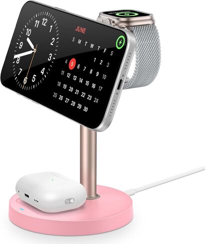 محطة شحن لاسلكية 3 في 1 لأجهزة Apple، حامل شاحن مغناطيسي سريع 15 وات لغرف النوم، سلسلة iPhone 17 Air 16 15 14 13 12 11، ساعة Apple، Airpods، هدايا للرجال والنساء (بدون محول تيار متردد) in Kuwait