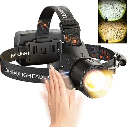 SKYFIRE Rechargeable Headlamp 3000 Lumens, LED Brightest Headlamps for Adults with 7500mAh Battery, Motion Sensor Waterproof Headlamp for Camping Hiking Hunting - Dual Light Sources Warm & White Light in Kuwait
