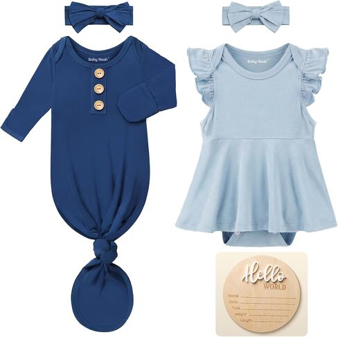 2 Pack Newborn Baby Girl Romper & Knotted Gown Set with Headbands, Announcement Sign, Soft Infant Outfit for Hospital in Saudi Arabia