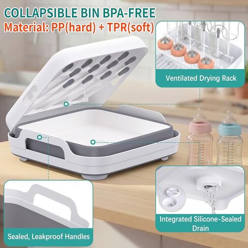 Collapsible Wash Basin for Baby Bottles with Drying Rack – 2.4 Gallon Foldable Dish Tub with Handles, Portable RV Camping Sink & Space-Saving Wash Bin with Lid for Kitchen, Travel & Outdoor in Saudi Arabia