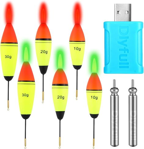 6 قطع من كرات الصيد المضيئة بإضاءة LED، تطفو مع بطاريتين قابلتين لإعادة الشحن ومجموعة شاحن للصيد الليلي، أحمر، أخضر (10 جرام، 20 جرام، 30 جرام) in Kuwait