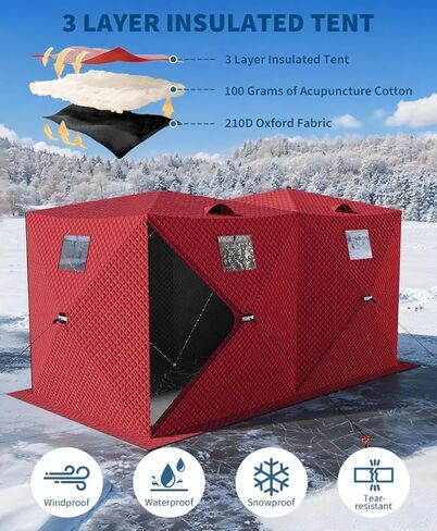 Pop-Up Ice Fishing Tent,Portable 3-Layer Insulated Ice Fishing Shelter Tent,Multiple Sizes for 1 to 8 Person, Waterproof Oxford Fabric, Includes Anchors, Ropes & Carry Bag for Winter in Saudi Arabia