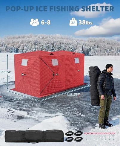Pop-Up Ice Fishing Tent,Portable 3-Layer Insulated Ice Fishing Shelter Tent,Multiple Sizes for 1 to 8 Person, Waterproof Oxford Fabric, Includes Anchors, Ropes & Carry Bag for Winter in Saudi Arabia