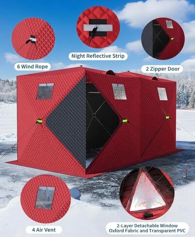 Pop-Up Ice Fishing Tent,Portable 3-Layer Insulated Ice Fishing Shelter Tent,Multiple Sizes for 1 to 8 Person, Waterproof Oxford Fabric, Includes Anchors, Ropes & Carry Bag for Winter in Saudi Arabia