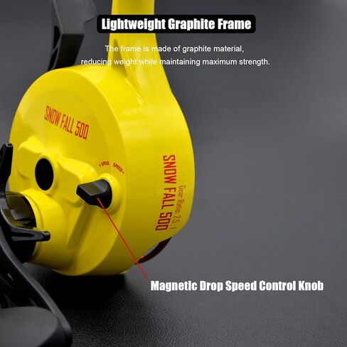 Snow Fall 500 Inline Ice Fishing Reel, 3+1 Ball Bearings and 2.5:1 Gear Ratio, Magnetic Drop Speed Control, Free Spool Release Trigger, CNC-Machined Aluminum Spool, Smooth Carbon Drag in Saudi Arabia