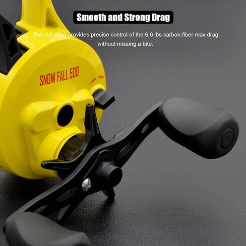 Snow Fall 500 Inline Ice Fishing Reel, 3+1 Ball Bearings and 2.5:1 Gear Ratio, Magnetic Drop Speed Control, Free Spool Release Trigger, CNC-Machined Aluminum Spool, Smooth Carbon Drag in Saudi Arabia