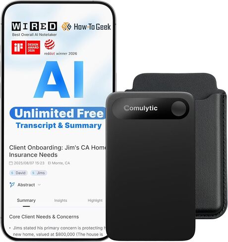 Comulytic Note Pro AI Voice Recorder, Unlimited Transcribe & Summarize, One Tap Recording Device with AI Note Taking, Support 113 Languages, 64GB, Audio Recorder for Calls, Meetings, Lectures, Silver in Kuwait