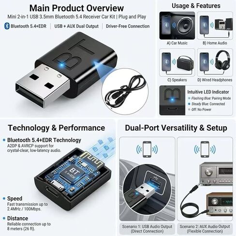 محول استقبال لاسلكي بلوتوث 5.4، طقم سيارة بلوتوث USB، محول بلوتوث صغير 2-1، التوصيل والتشغيل، مستقبل موسيقى لاسلكي لموسيقى السيارة/صوت ستيريو in Kuwait