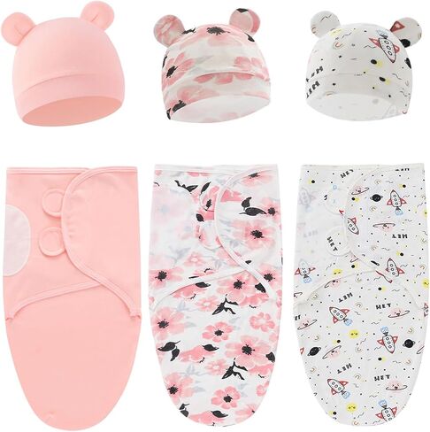 3-Pack Baby Swaddles for Newborns with Bow Hat Pink/Heart/Tulips | Cotton Sleep Sacks Nursery Swaddling Blanket for 0-3 Months Infant Girls Registry Essentials Adjustable & Easy Fastener in Saudi Arabia