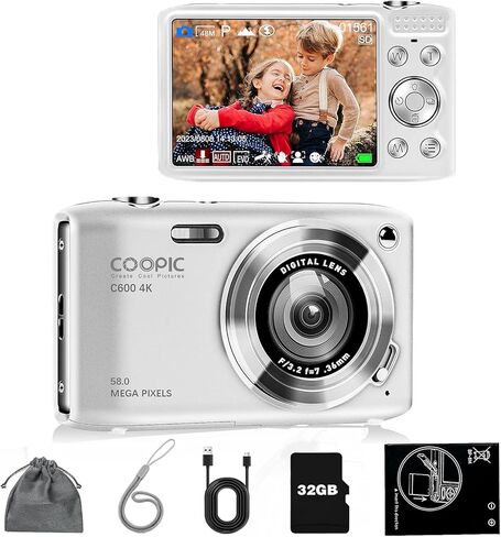 C600 White HD Digital Camera with 32GB TF Card, 58MP, 4K Video, Ideal for Travel, Vlogging, and Creative Photography in Saudi Arabia