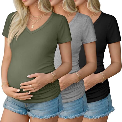 Ficerd 3 Pack Maternity Shirts for Women Cotton Maternity Tops V Neck Side Ruched Pregnancy Short Sleeve Summer Tunic Tees in Saudi Arabia