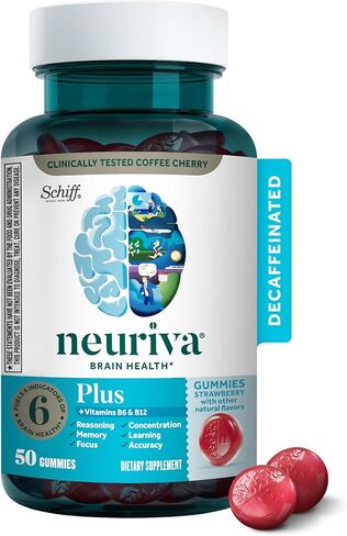 NEURIVA Plus Brain Supplement for Memory,Focus & Concentration+Cognitive Function with Vitamins B6 & B12 and Clinically Tested Nootropics Phosphatidylserine and Neurofactor,50ct Strawberry Gummies in Kuwait