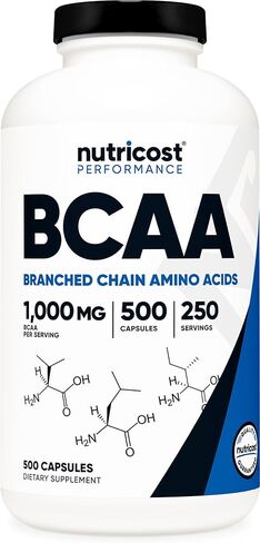 Nutricost BCAA 1000 ملغ، 500 كبسولة (250 جرعة)، 2:1:1 أحماض أمينية متفرعة السلسلة (500 ملغ من L-Leucine، 250 ملغ من L-Isoleucine وL-Valine) in Kuwait