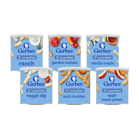 Gerber Snacks for Baby Lil’ Crunchies Baked Grain Snack Variety Pack, 1 Cheddar, 1 Veggie, 1 Tomato, 1 Ranch, 1 Maple, 1 Apple & Sweet Potato, 6 CT in Saudi Arabia