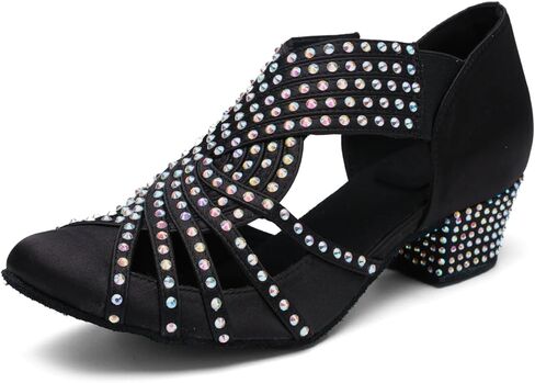 Rhinestone Ballroom Dance Shoes, Comfortable 1.5" Low Cuban Heel, Closed Toe Slip-On for Latin Salsa Swing Waltz in Saudi Arabia